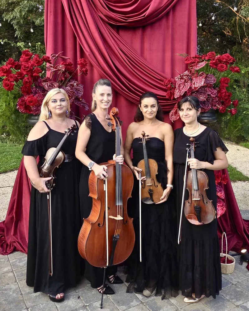 Cvartetul Sonore cu instrumentele, în fața unei draperii roșii