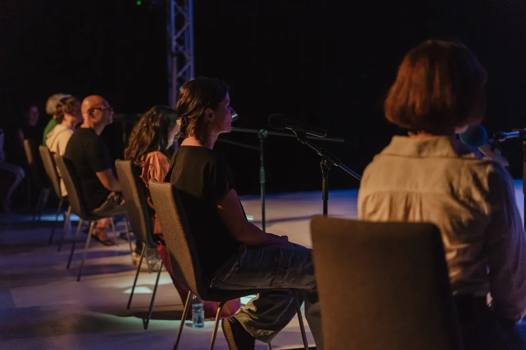 Performerii văzuți din spate, la microfoane, cu Vava pe scenă